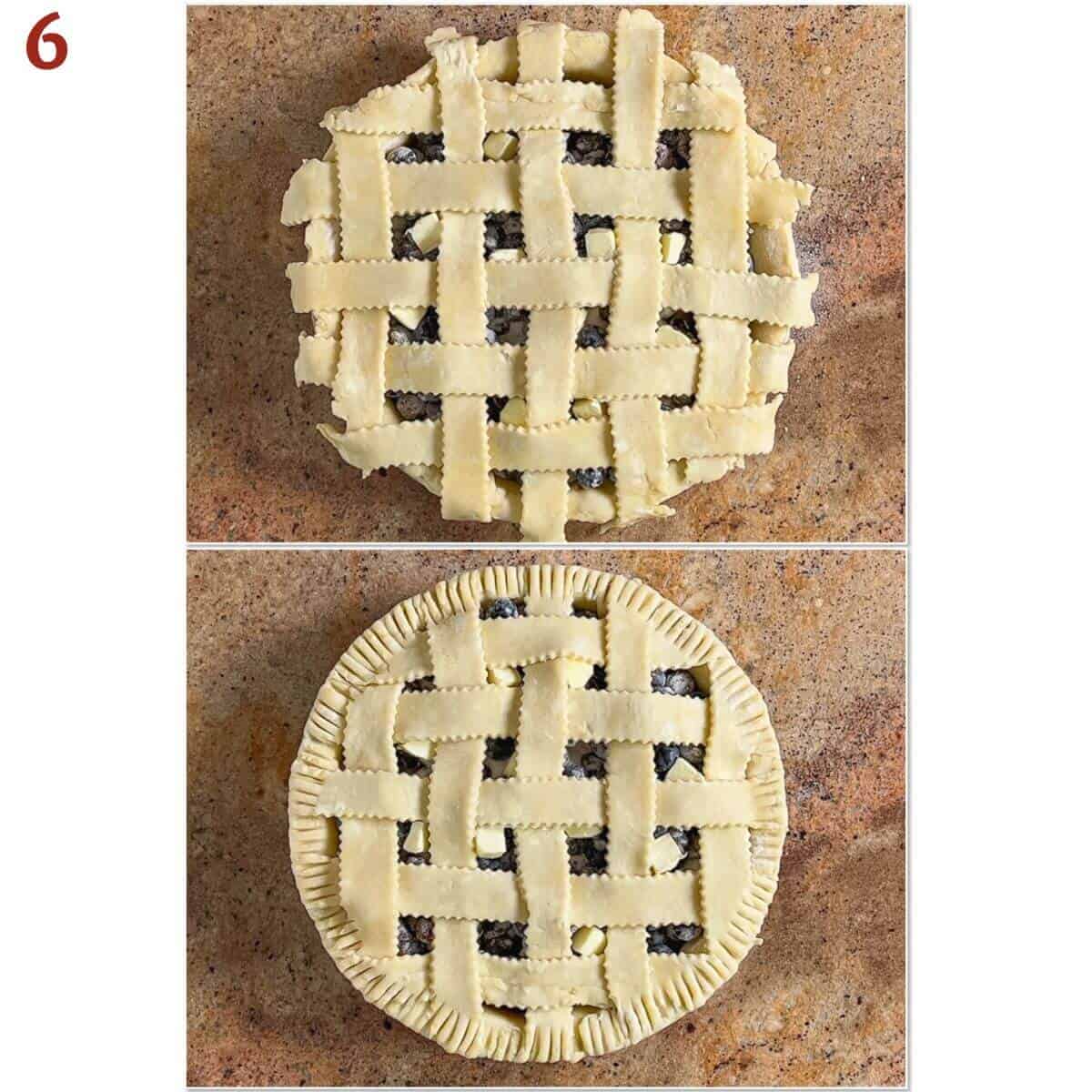 Collage of blueberry pie lattice top before & after crimping.