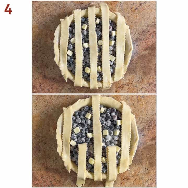 Collage of laying parallel strips of dough & turned back every other one for a lattice top.