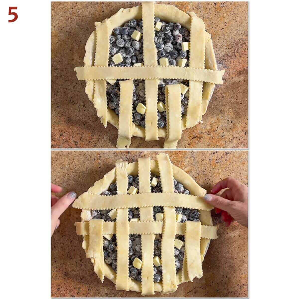 Collage of laying strips of dough across parallel ones for a lattice top.