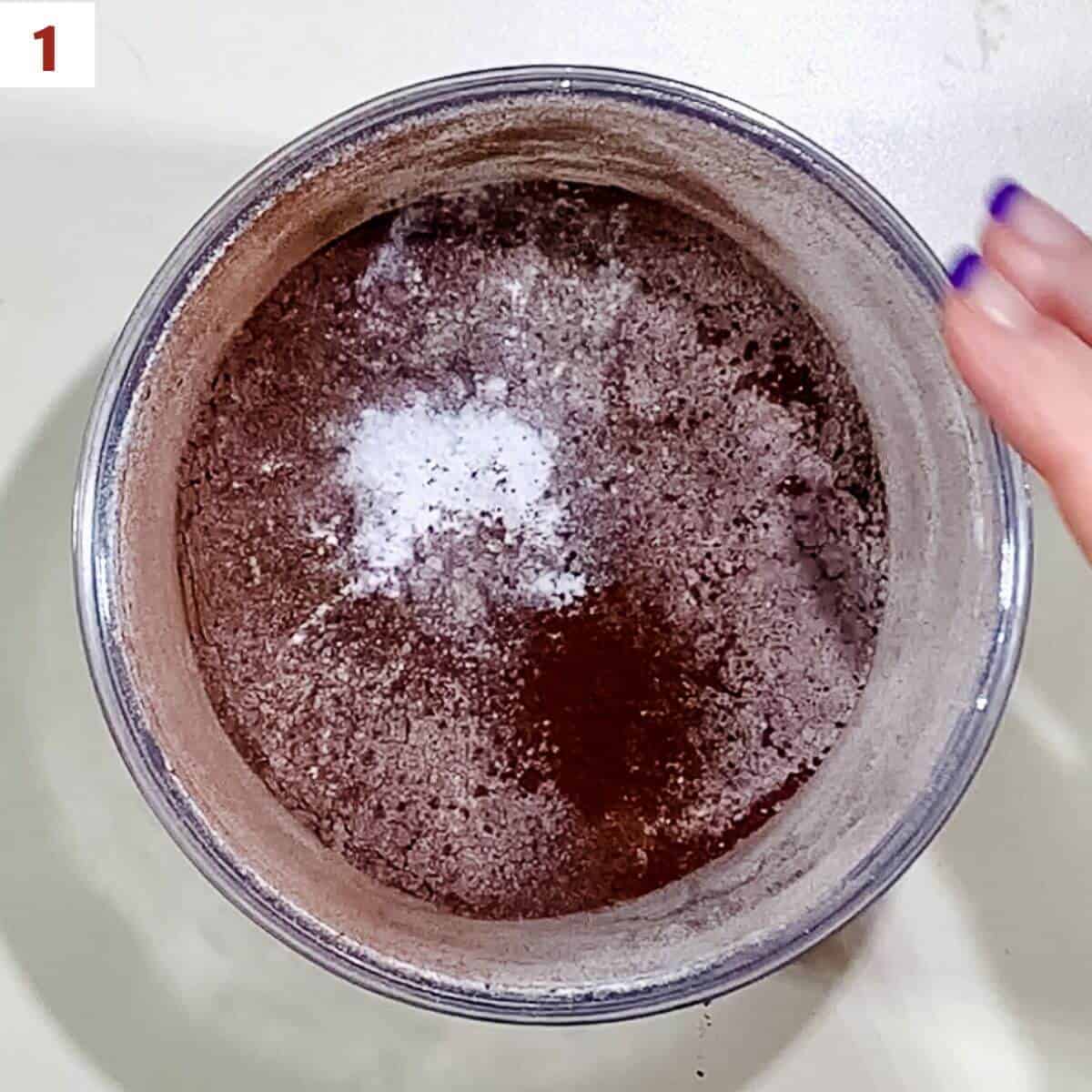 Mixing flour, cocoa powder, espresso powder, baking powder, and salt in a small bowl.
