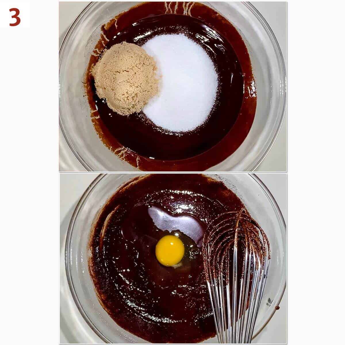 Collage of adding sugars and egg to the melted chocolate mixture.