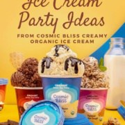 Lineup of Cosmic Bliss ice cream in their tubs with milk on a yellow and blue background Pinterest banner.