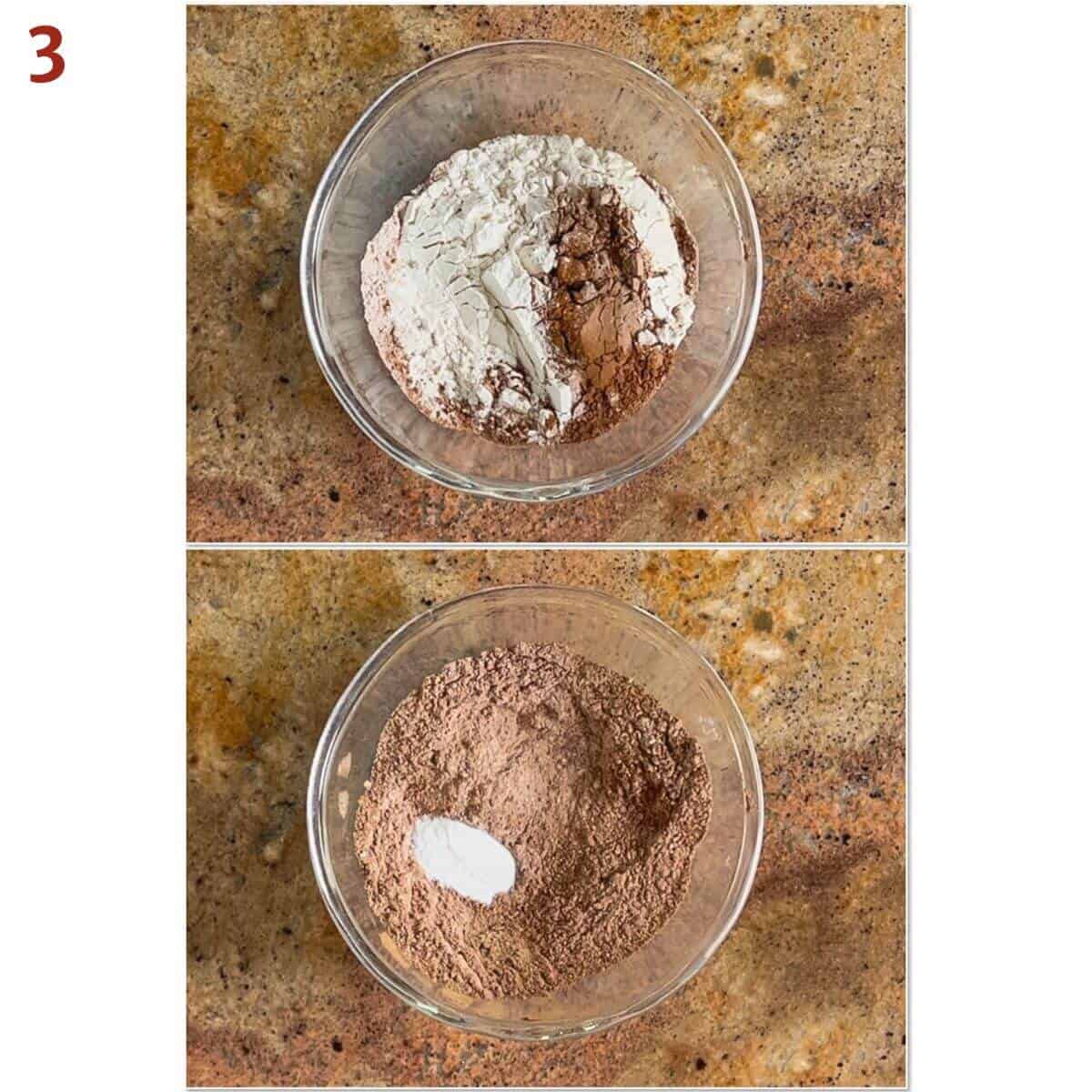 Collage of mixing flour, cocoa powder, baking powder, and salt.