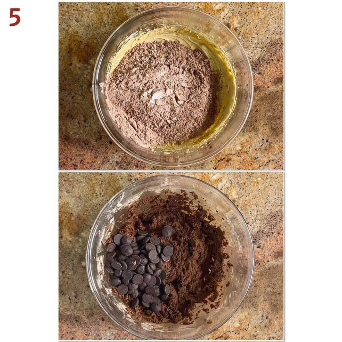 Collage of adding flour mixture to creamed mixture then adding chocolate chips.