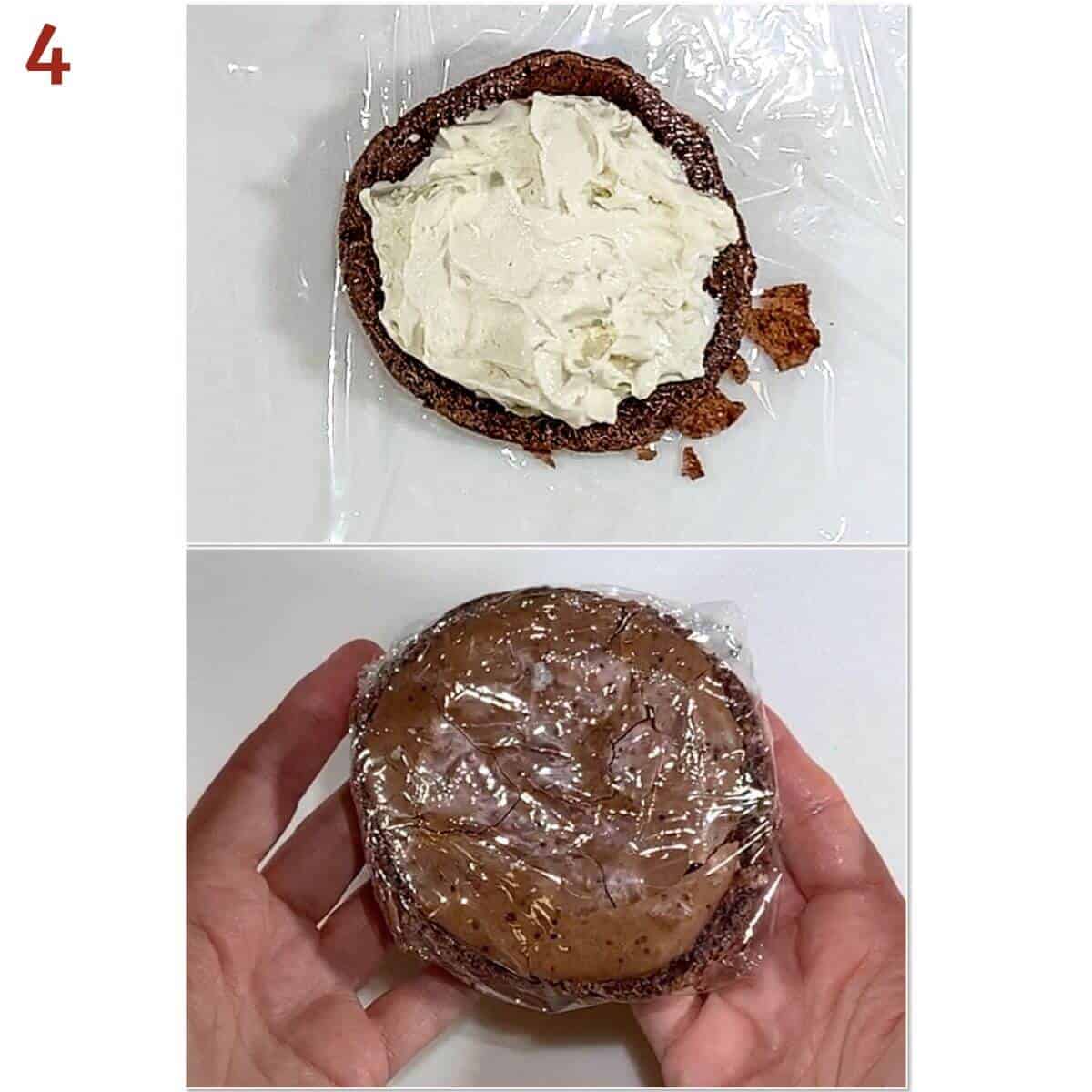 Collage of spreading ice cream on a flourless chocolate cookie & wrapping the finished sandwich in plastic wrap.