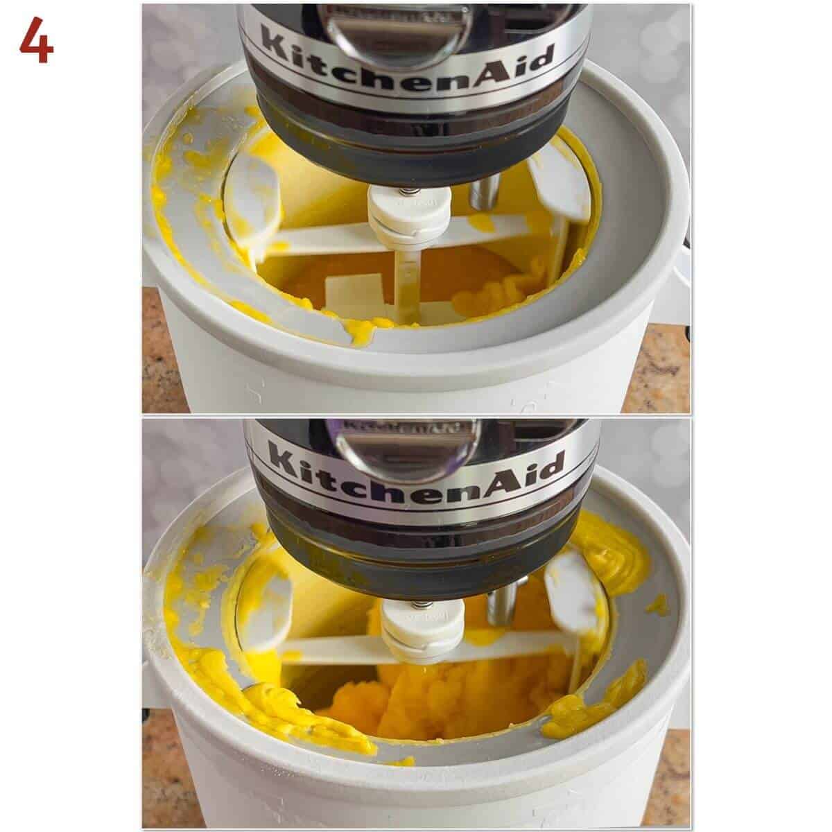 Collage of before & after churning Mango Sorbet in an ice cream maker.