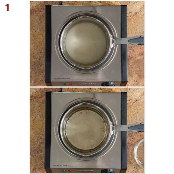 Collage of before and after making simple syrup on a hot plate.