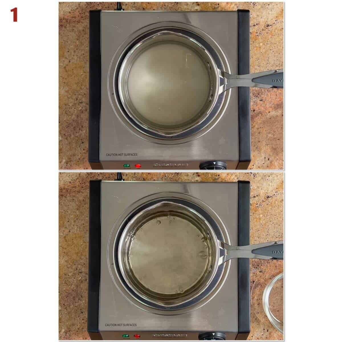 Collage of before and after making simple syrup on a hot plate.