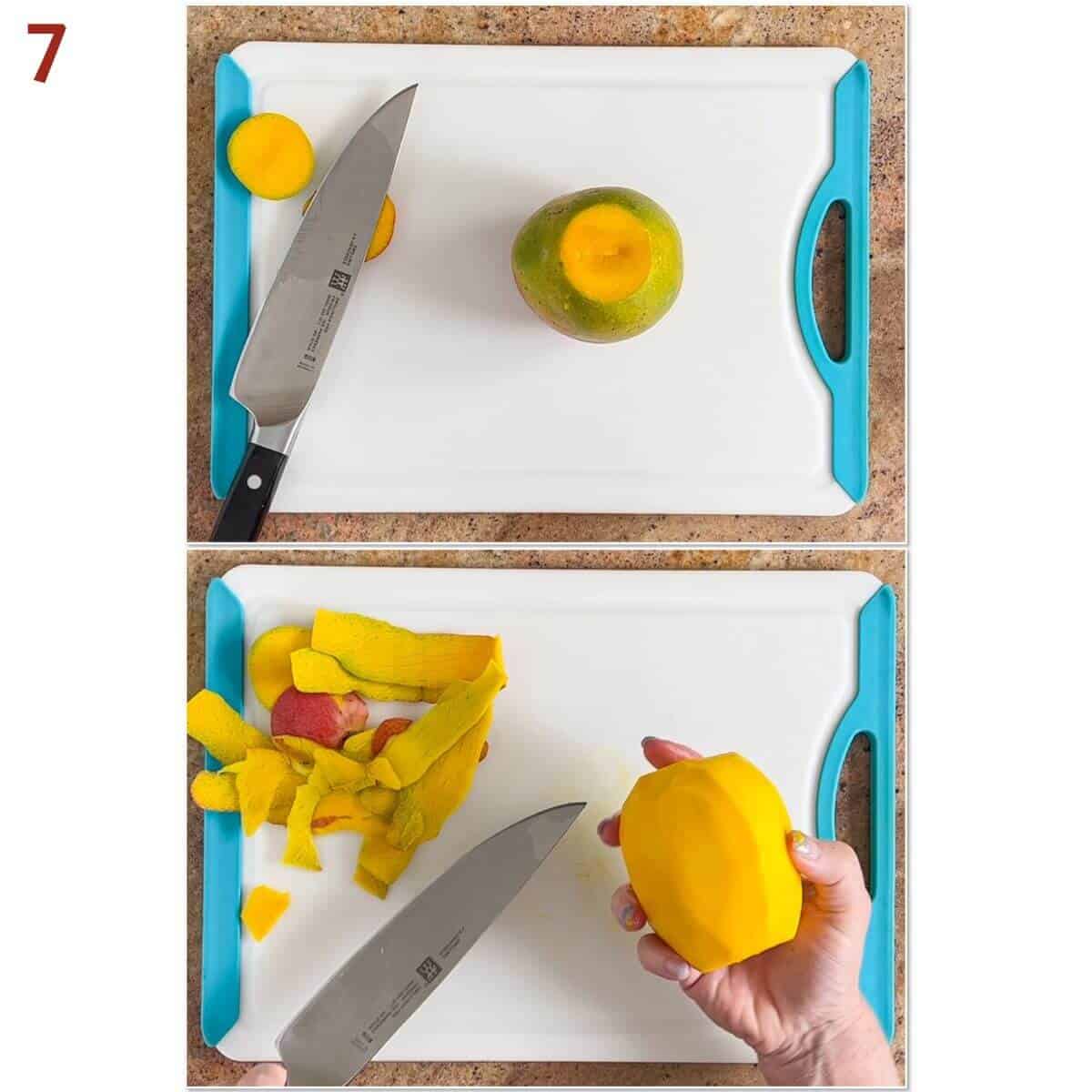 Collage of paring the skin off a mango.