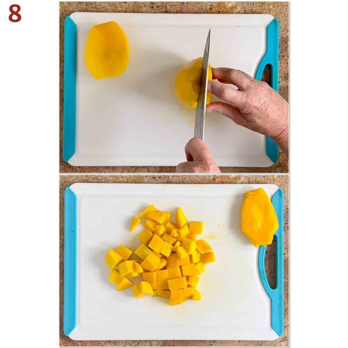 Collage of slicing the pared sides of a mango into cubes.