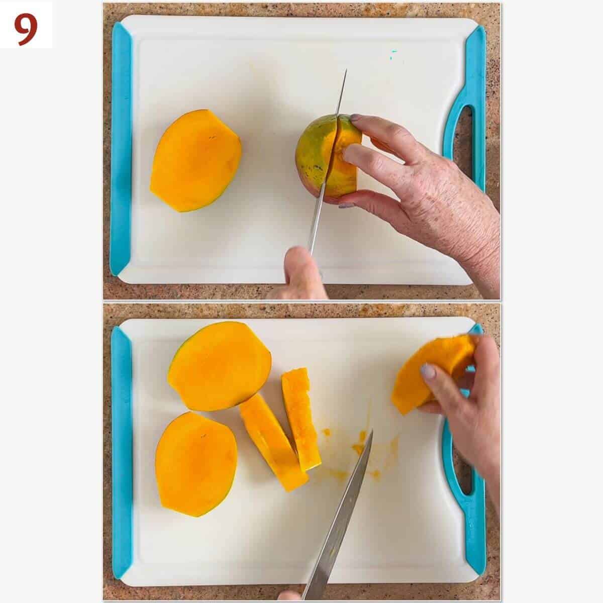 Collage of slicing the sides off the seed of a mango.