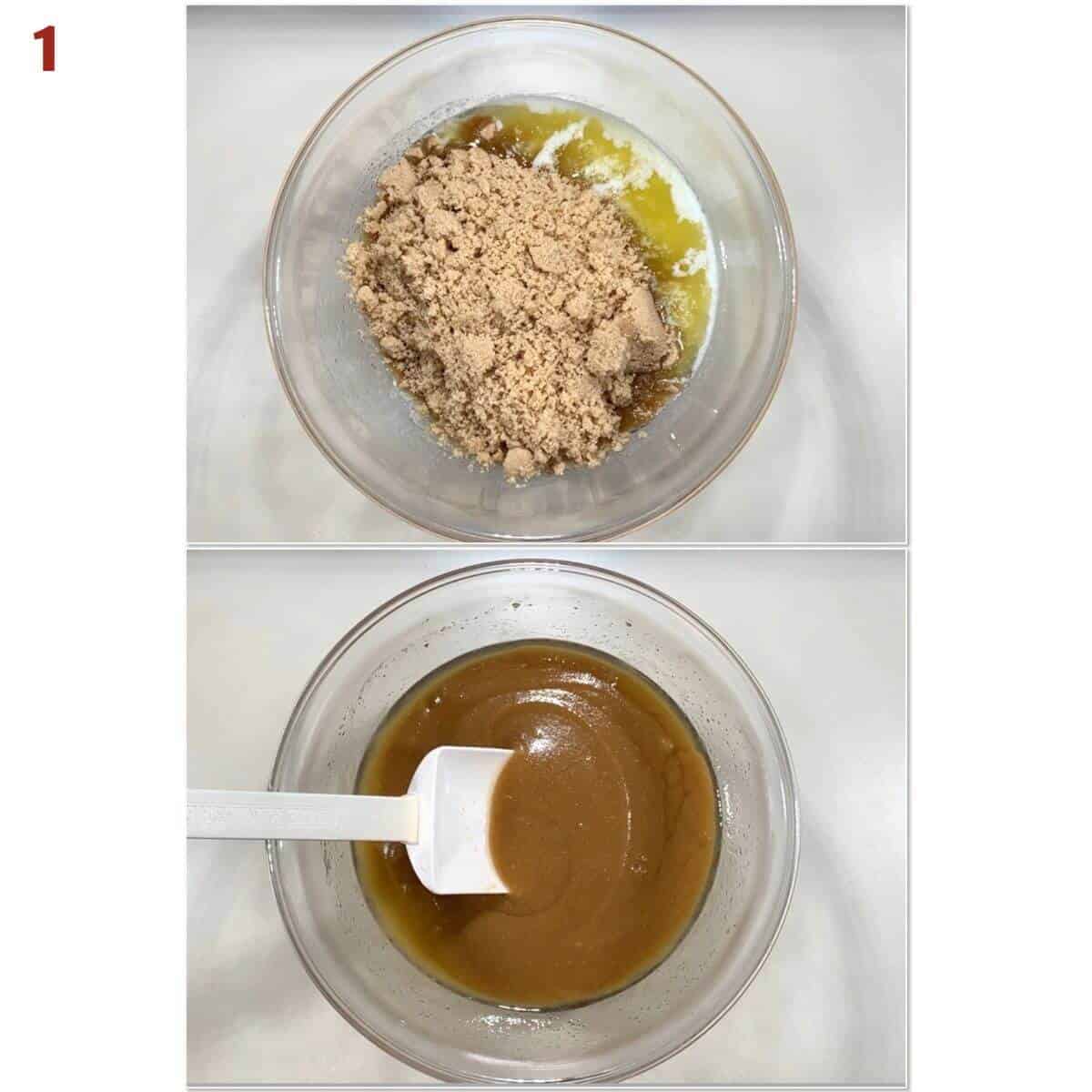 Collage of combining brown sugar and melted butter.