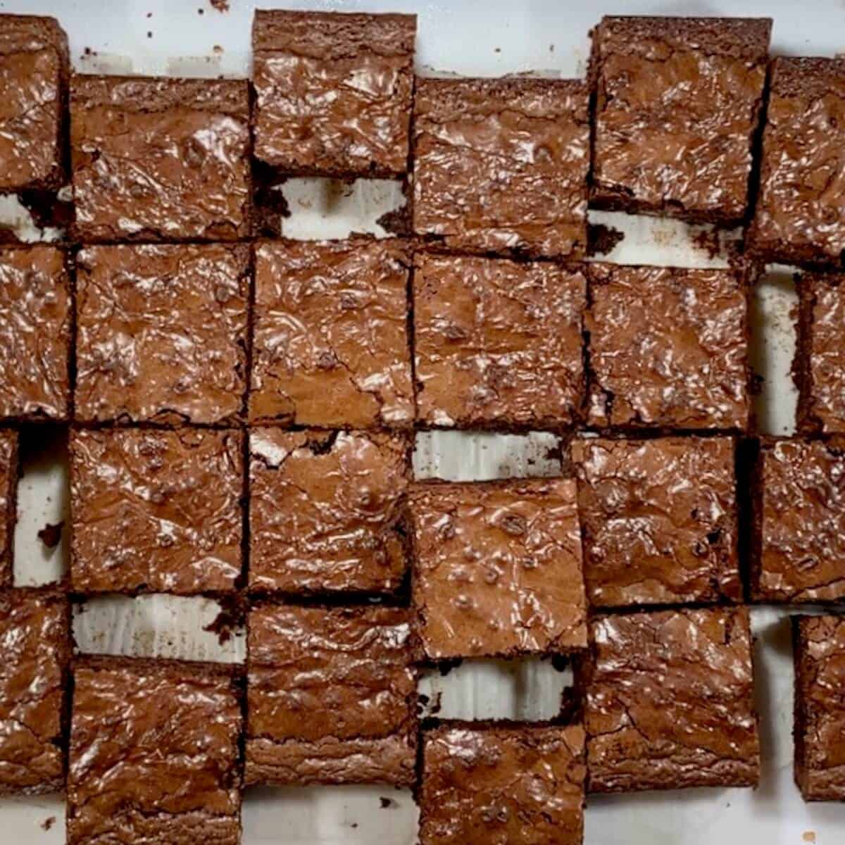 Cut brownies on a cutting board from overhead.