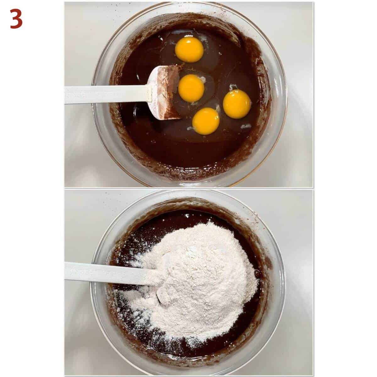 Collage of adding eggs and flour mixture to the batter.