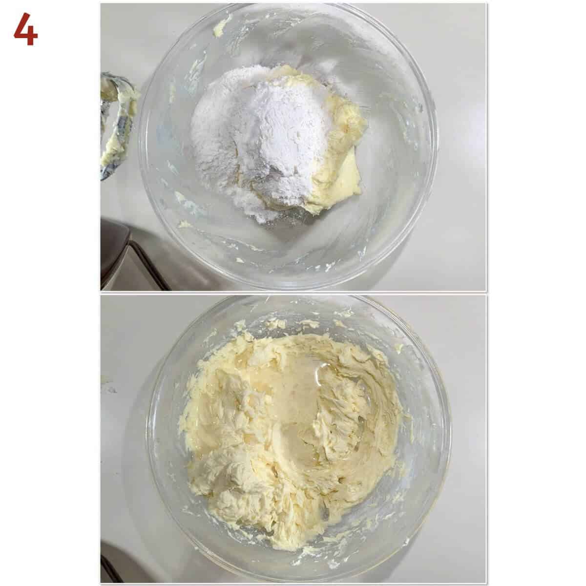 Collage of adding flour and water to cake batter.