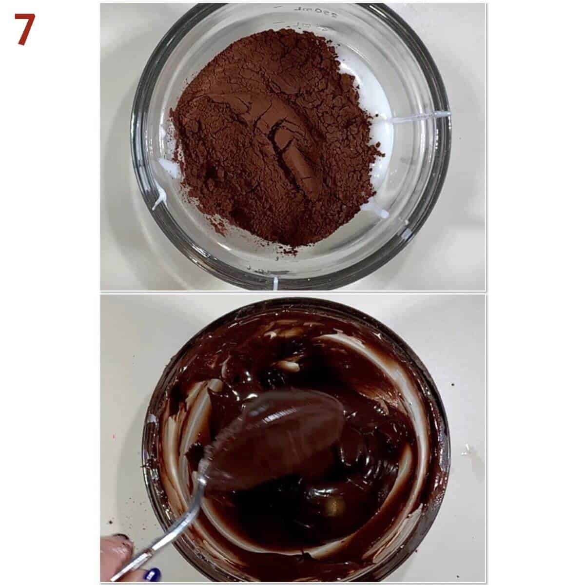 Collage of mixing chocolate icing.