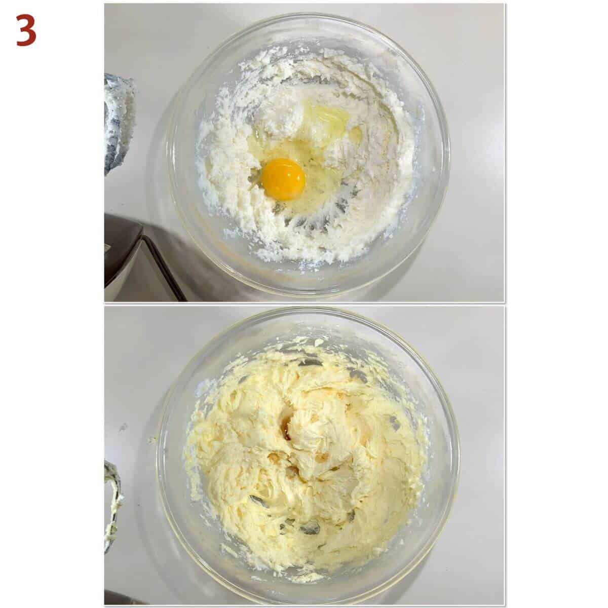 Collage of mixing in eggs and vanilla into cake batter.