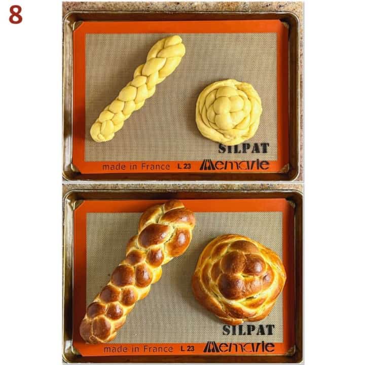 Two four strand challahs on a baking pan before and after baking.