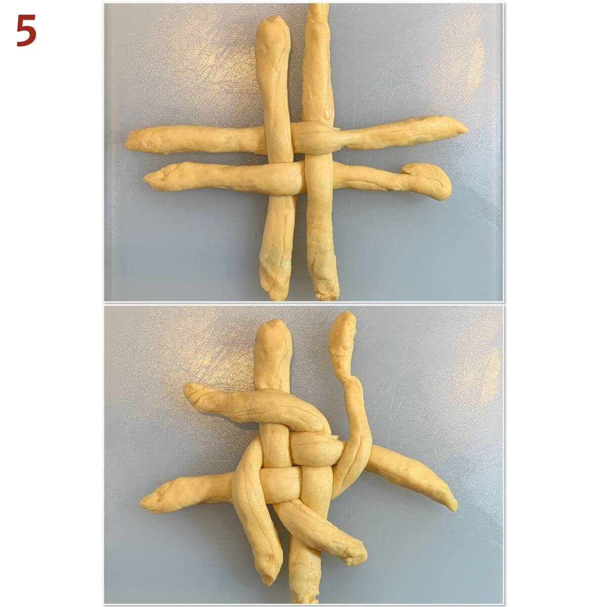 Collage of weaving 2 horizontal & 2 vertical strands like tic-tac-toe, then placing the left strand over the strand next to it on the right, counter-clockwise around the circle.