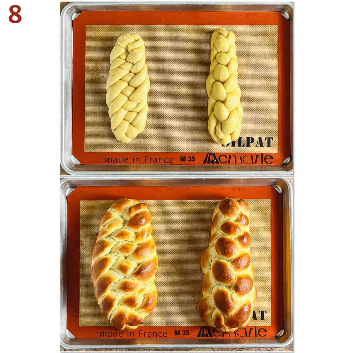 Six strand challahs on a baking pan before and after baking.