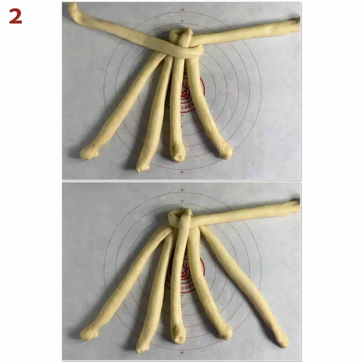 Collage of moving the second from the top left strand, placing it on the opposite side, then moving the the topmost left strand and placing it in the middle.