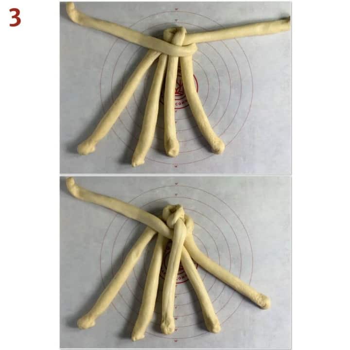 Collage of moving the second from the top right strand, placing it on the opposite side, then moving the the topmost right strand and placing it in the middle.