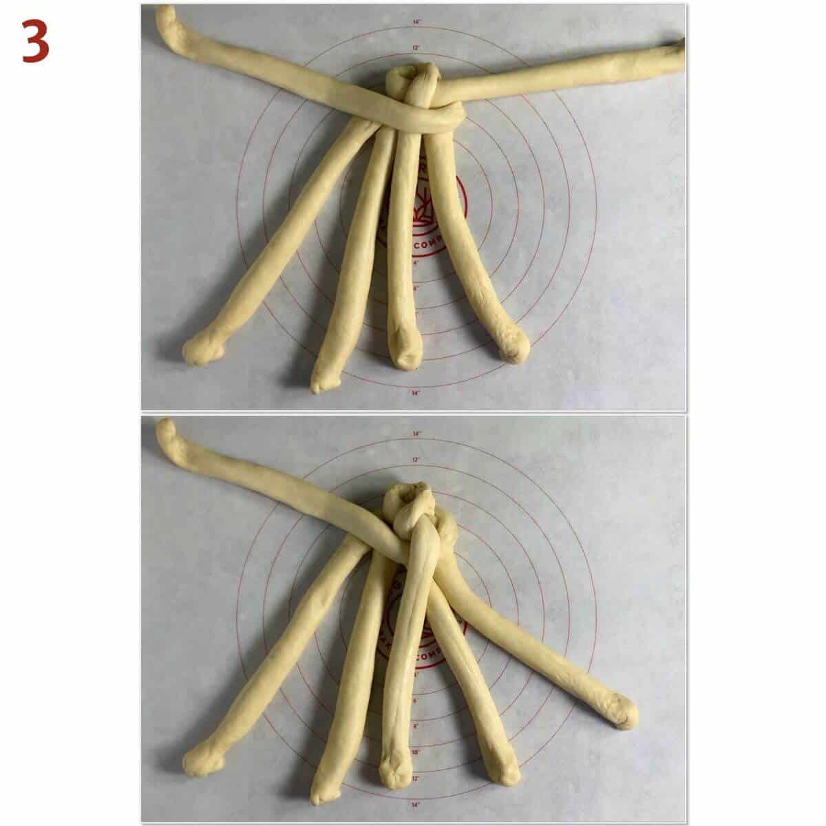 Collage of moving the second from the top right strand, placing it on the opposite side, then moving the the topmost right strand and placing it in the middle.