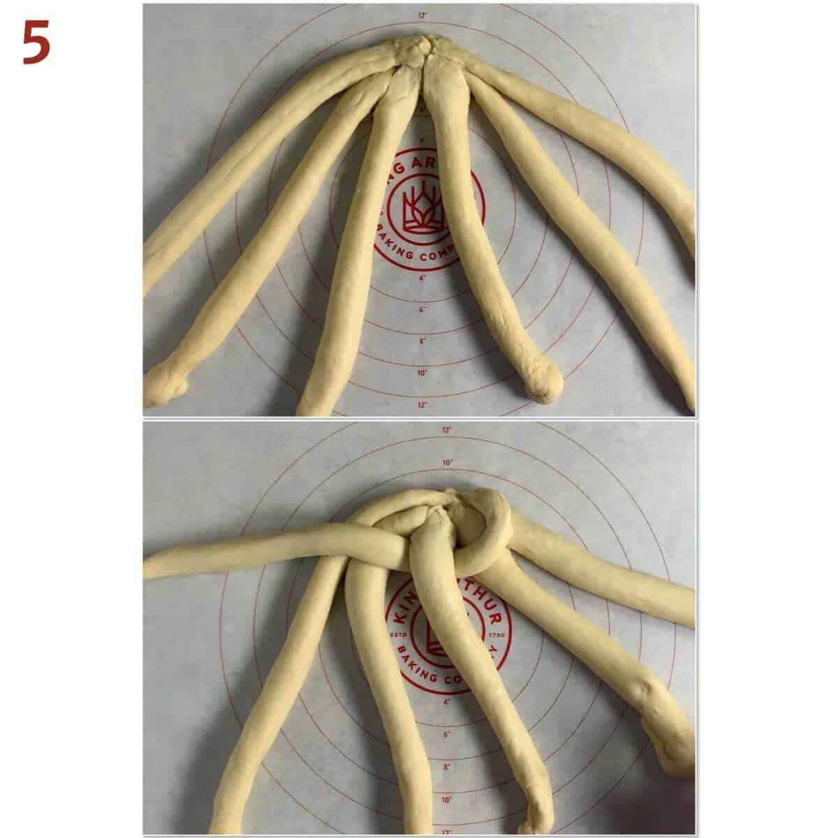 Collage of 6 strands side by side, then taking the rightmost strand and jump it over the next 2 strands, under the 3rd strand, and over the next 2 strands.