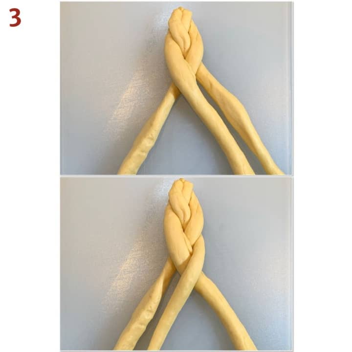 Collage of taking the right strand and having it jump over the middle strand.