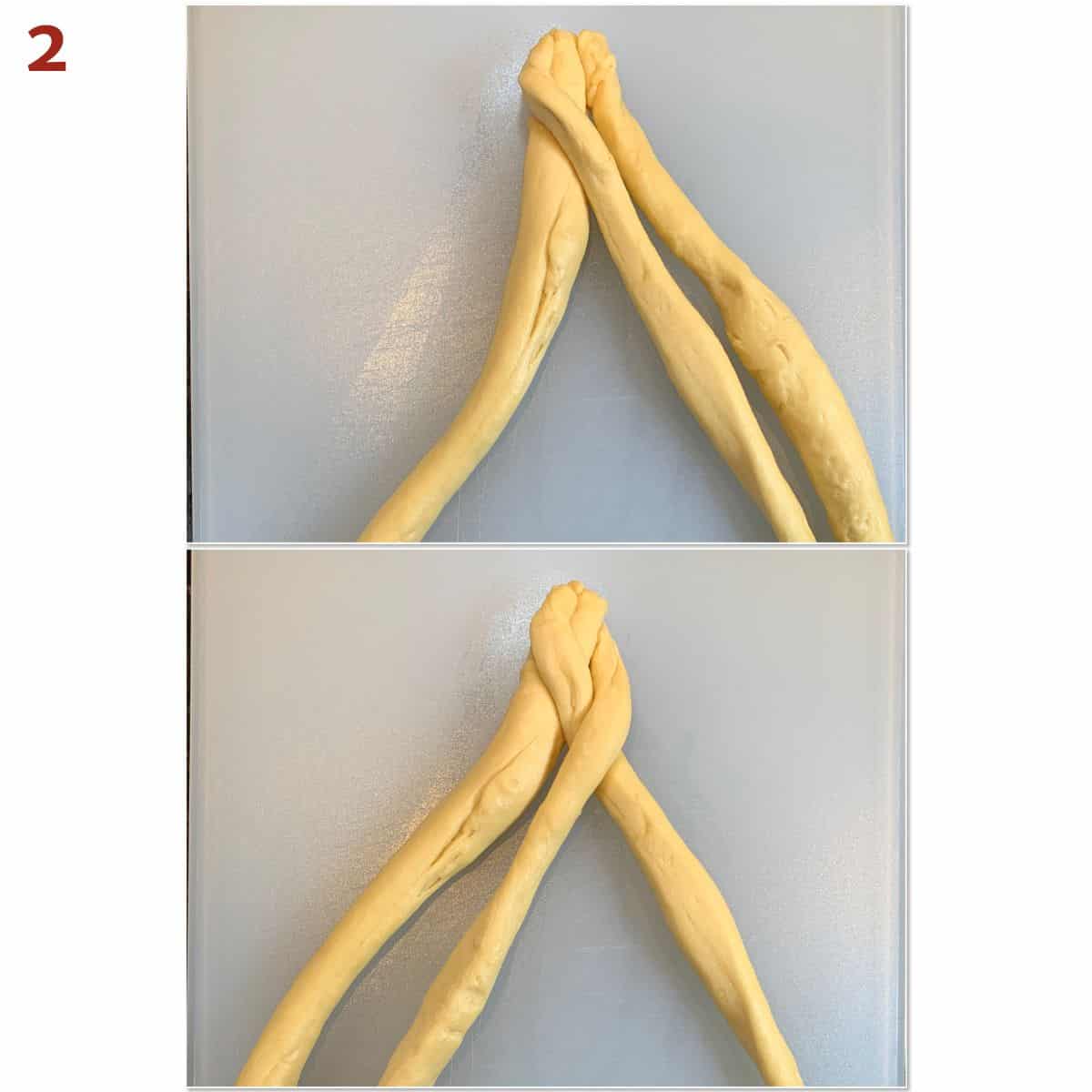 Collage of taking the left strand and having it jump over the middle strand.