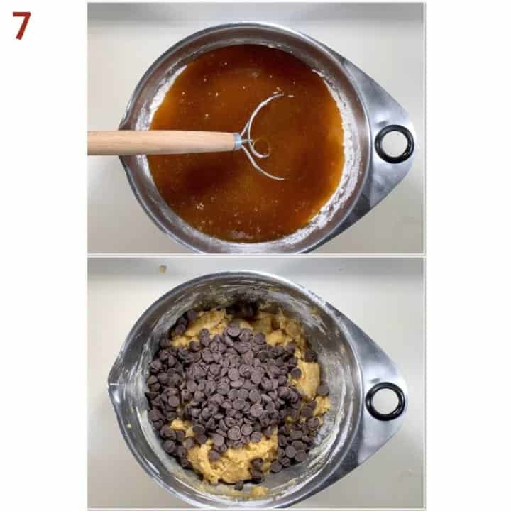 Collage of combining the wet & dry ingredients, then adding chocolate chips.