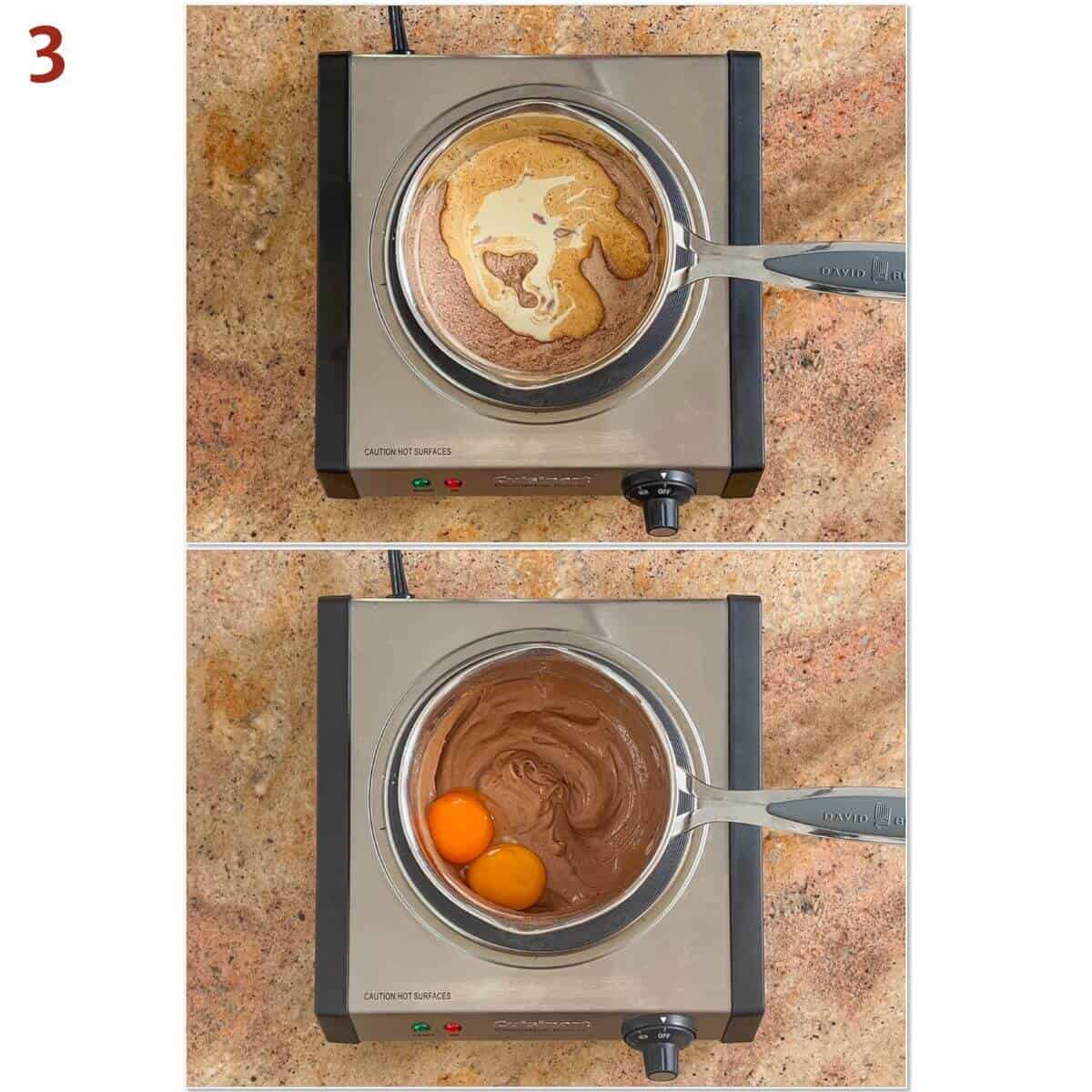 Collage of adding cream & egg yolks to the sugar mixture.