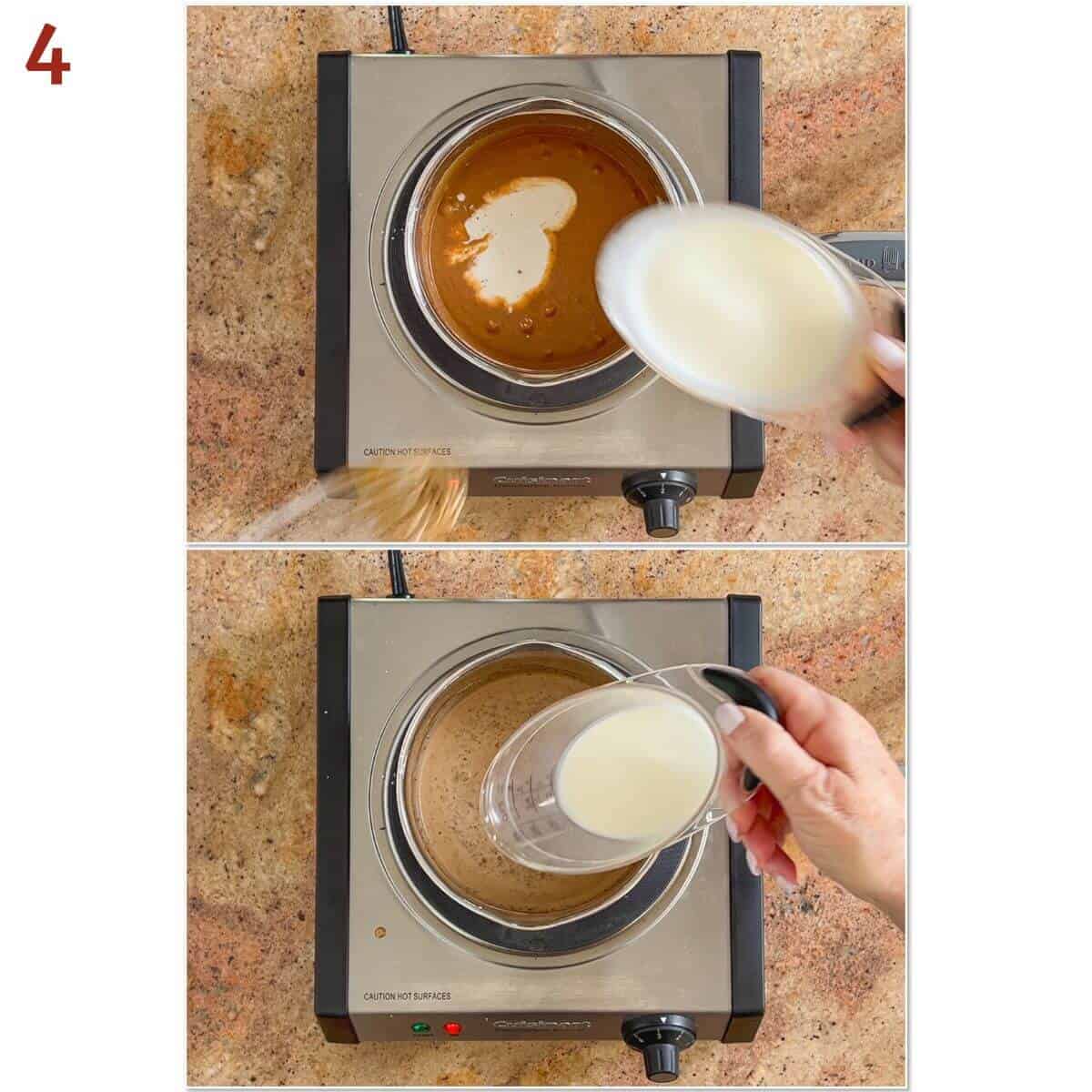 Collage of adding milk and cream to cooking custard on a hot plate.