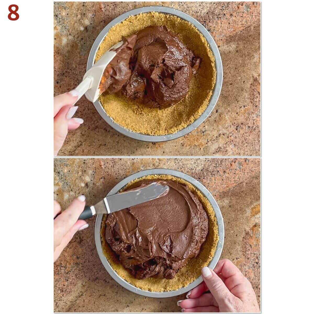 Collage of filling a graham cracker crust with chilled chocolate custard.