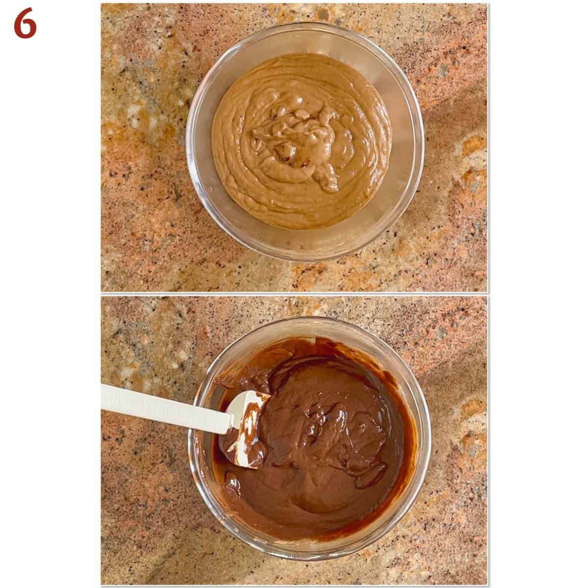 Collage of before & after melting chocolate and butter with hot cooked custard.