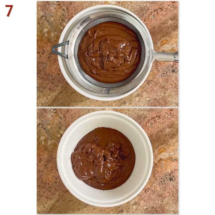 Collage of before and after straining the cooked chocolate custard.