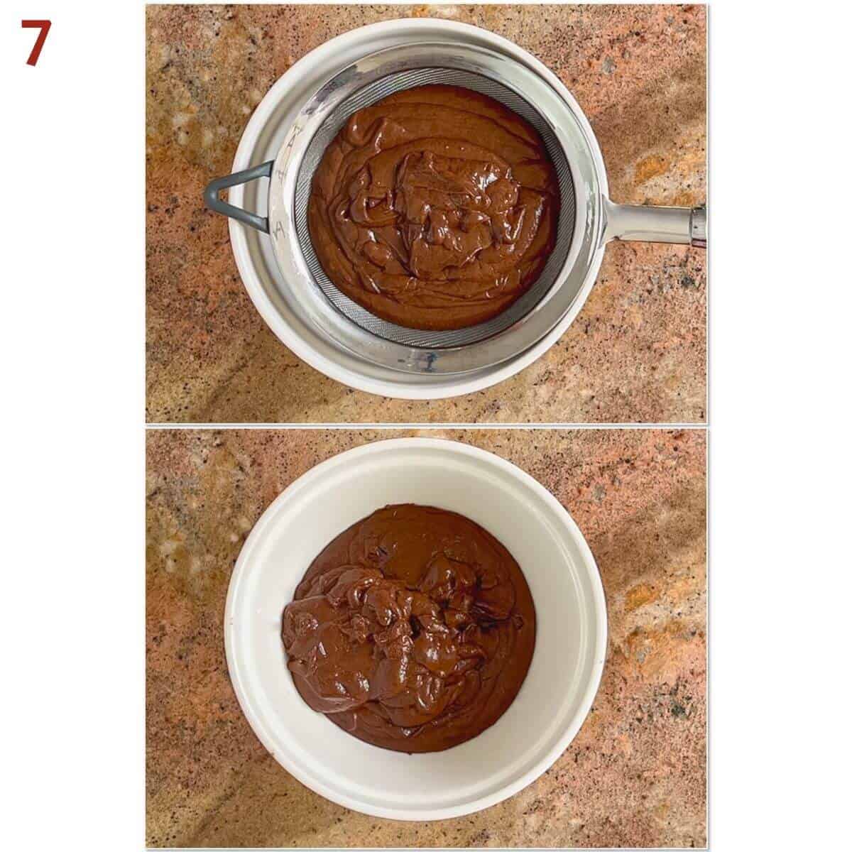Collage of before and after straining the cooked chocolate custard.