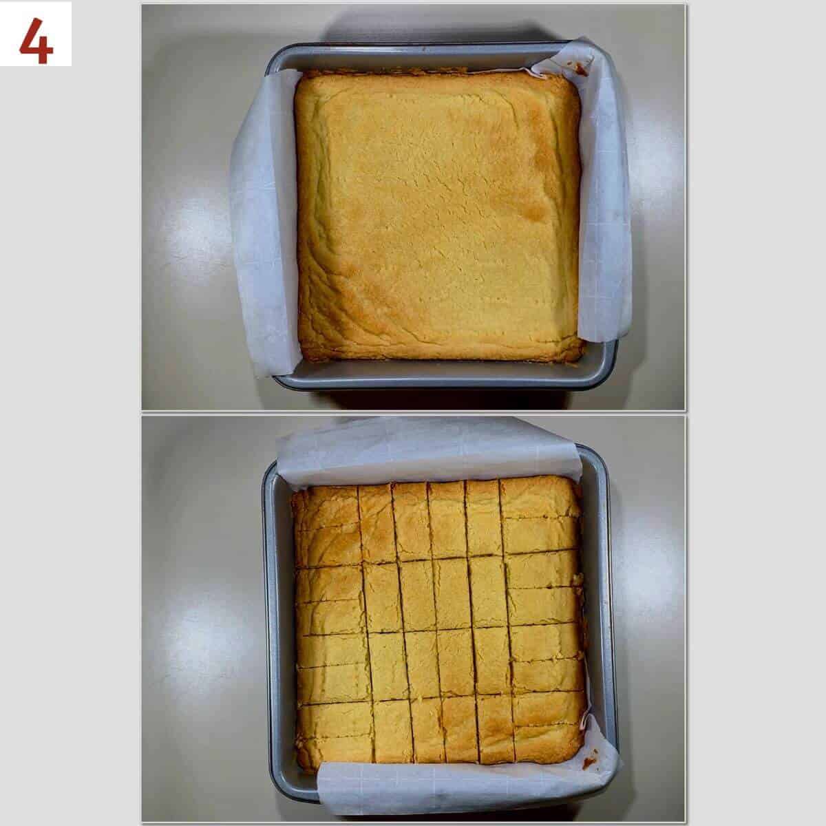 Collage of shortbread after baking and cut into bars in pan.