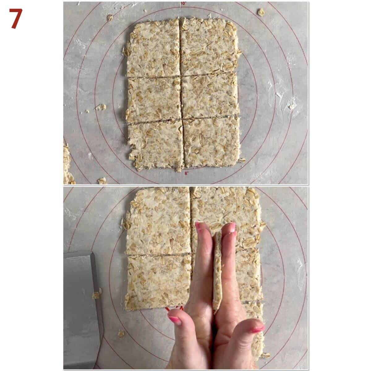 Collage of cutting rectangles from rolled out dough & showing thickness.