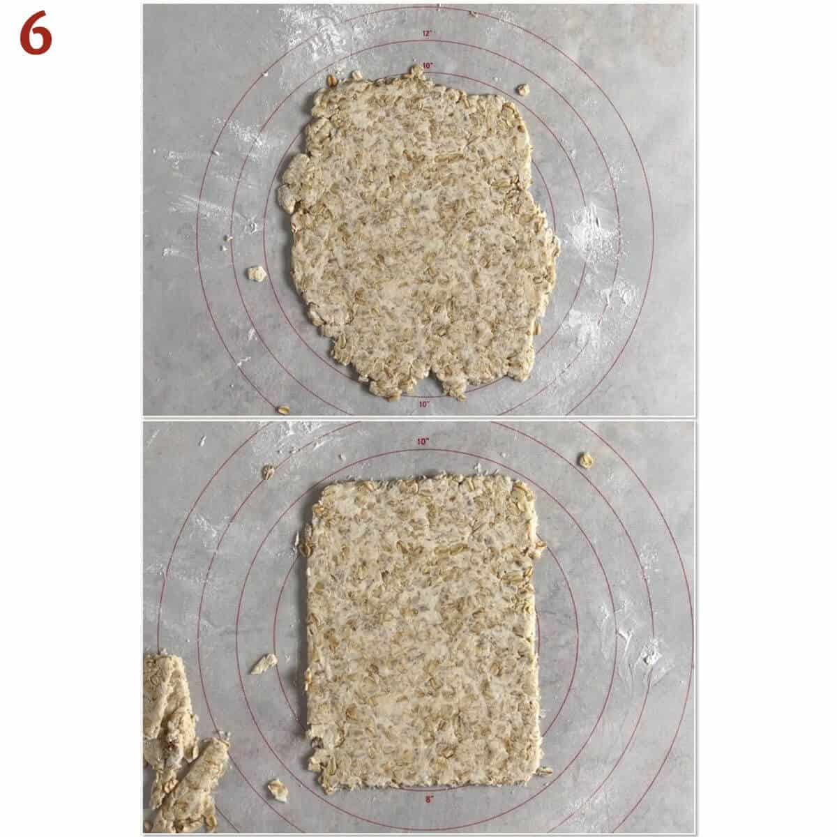 Collage of before and after squaring off rolled out bannock dough.