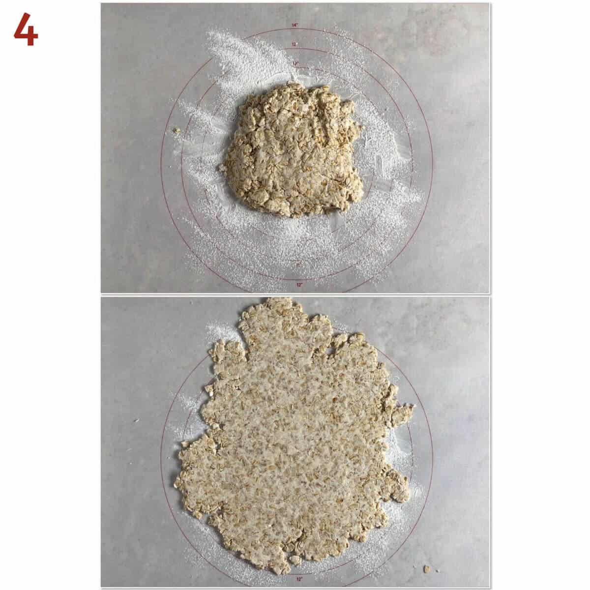 Collage of before and after rolling out bannock dough.