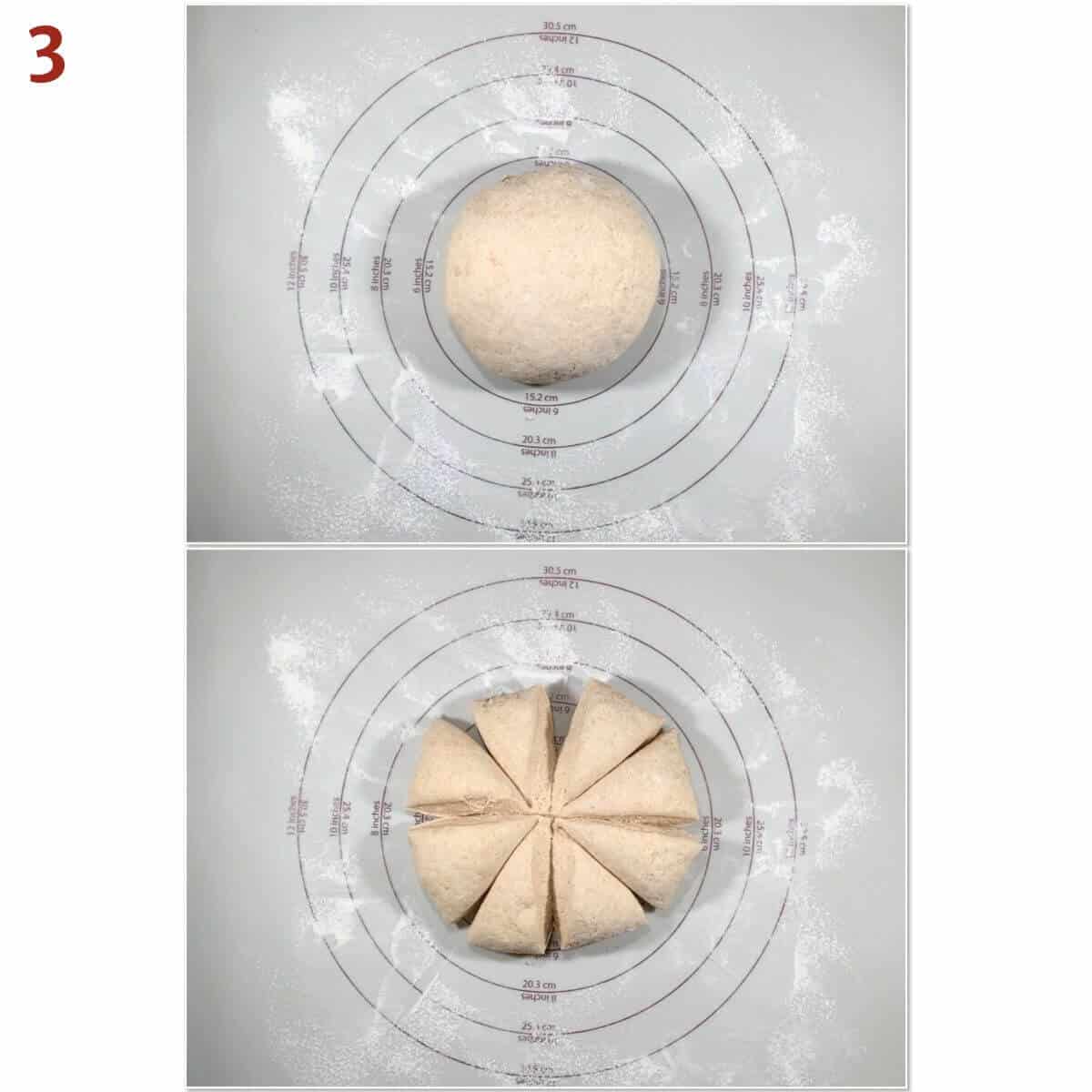 Collage of portioning naan dough into 8 pieces on a pastry mat.