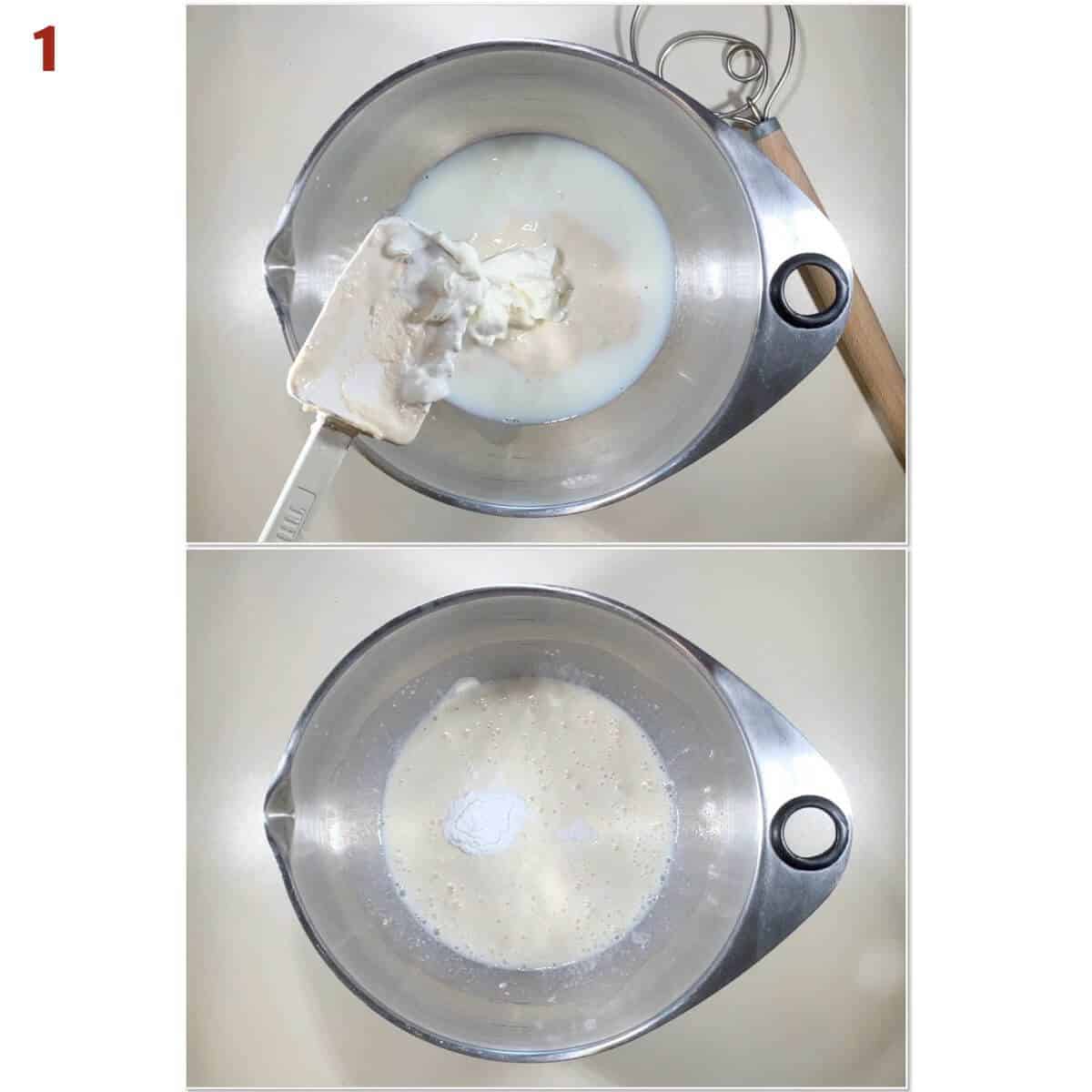 Collage of mixing starter, milk, yogurt, baking powder, & salt in a metal bowl.