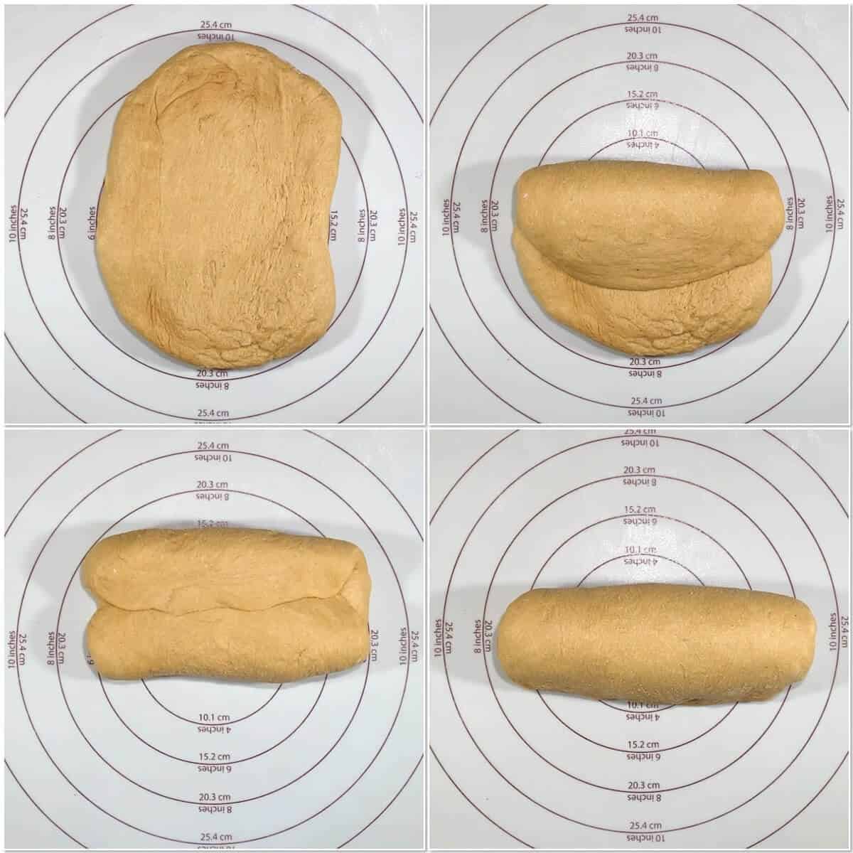 Collage of shaping bread dough into a loaf.