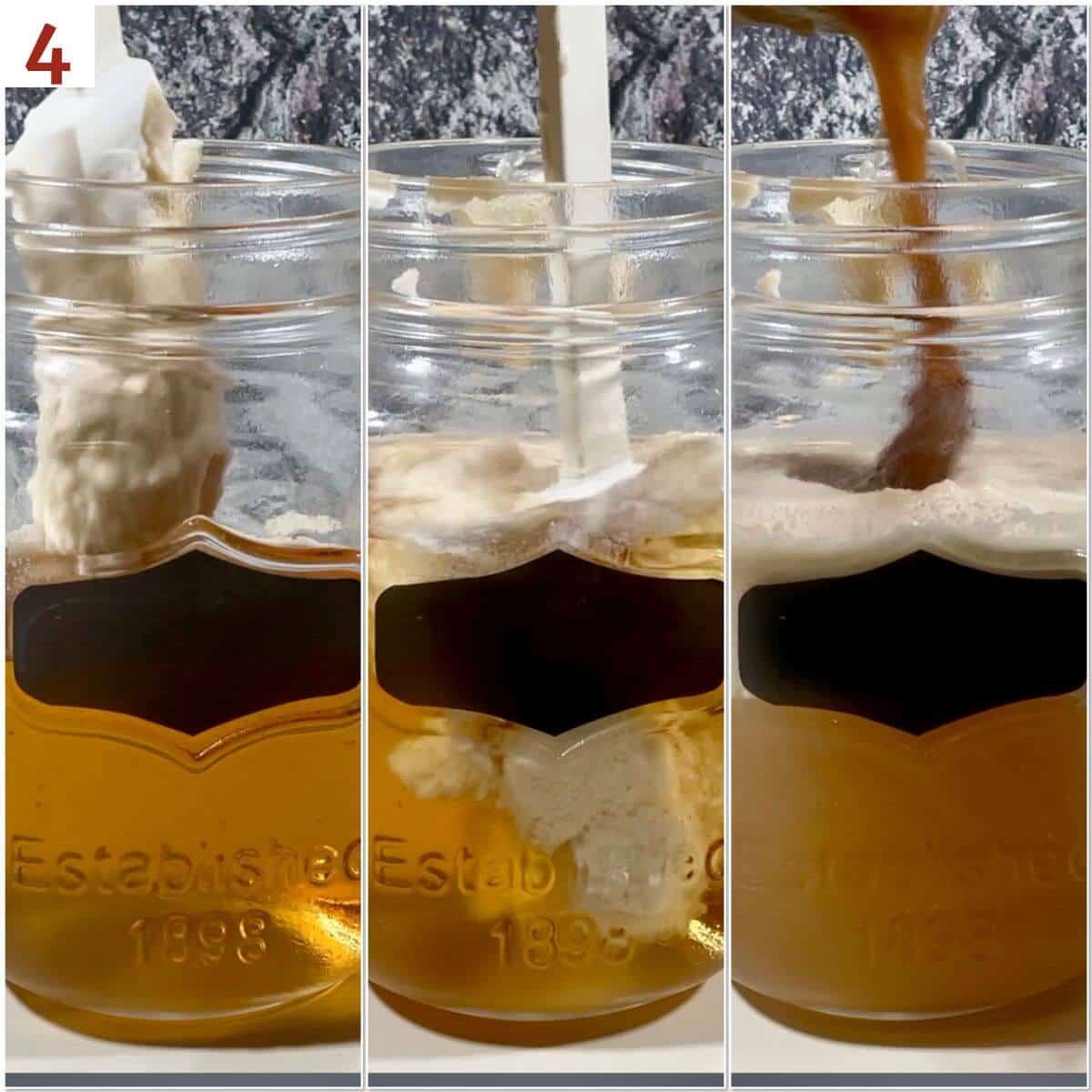 Collage of stirring butterscotch whipped cream & butterscotch sauce garnish to a Butterbeer-filled mason jar.