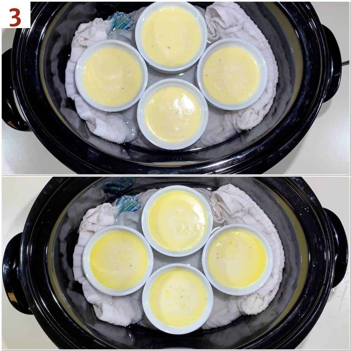 Collage of creme brulee before & after cooking in slow cooker.