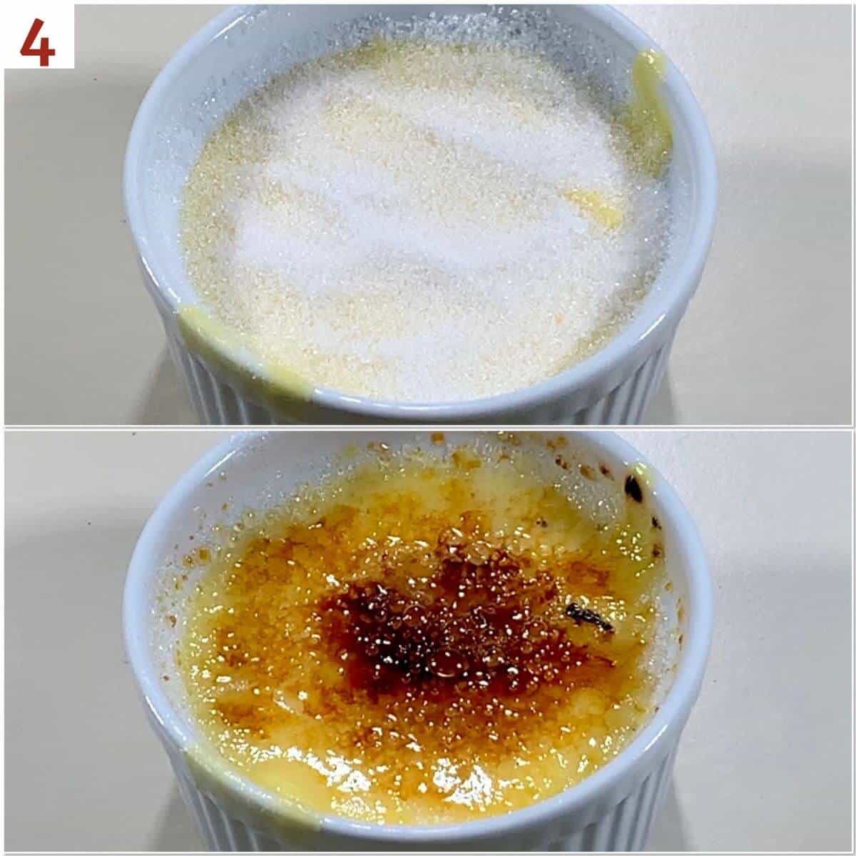 Collage of creme brulee before and after torching the sugar top.