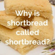 Scottish shortbread on white china plate Pinterest banner.