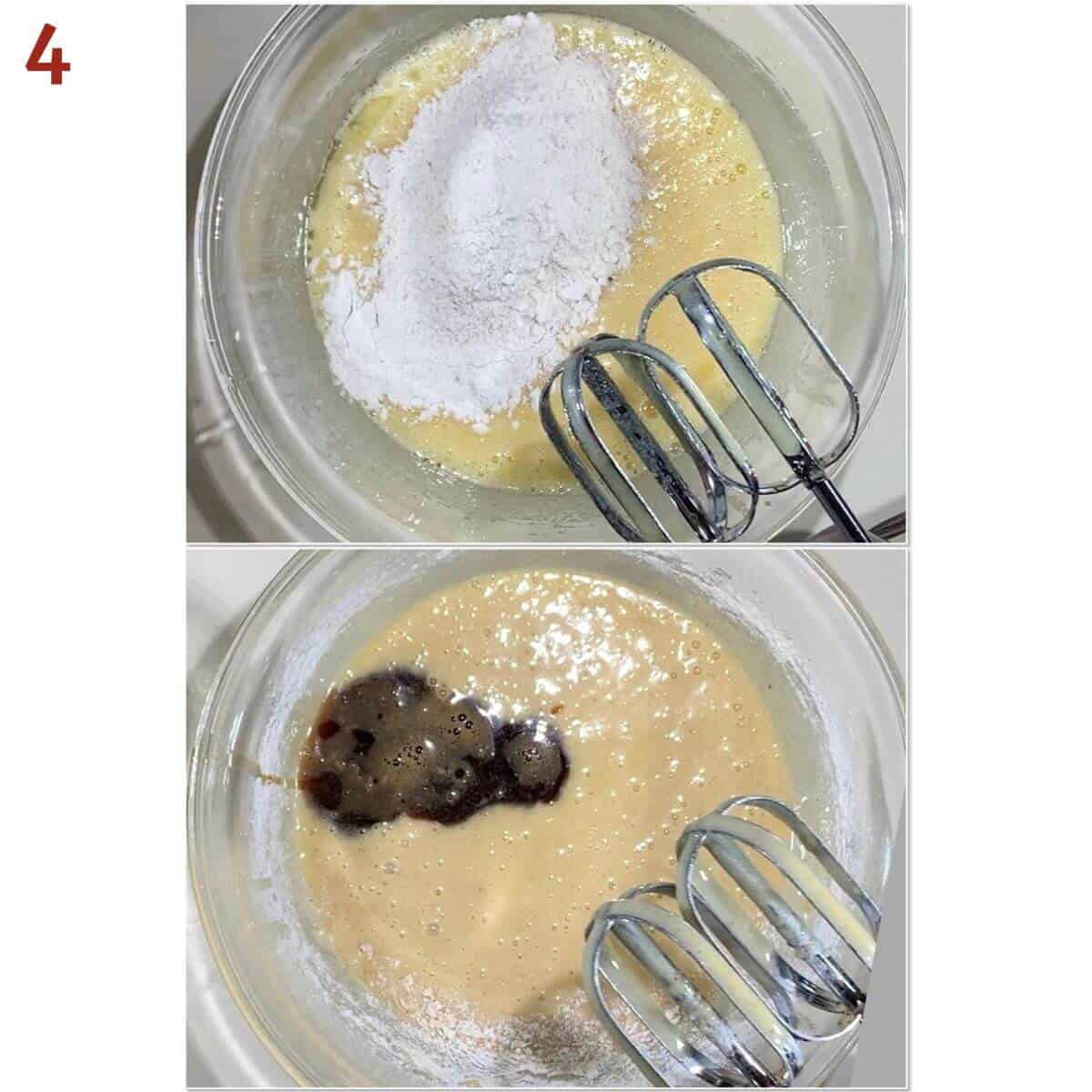 Collage of adding flour mixture and espresso to egg mixture.