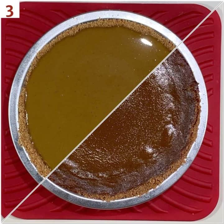 Collage of before & after baking the pumpkin pie.
